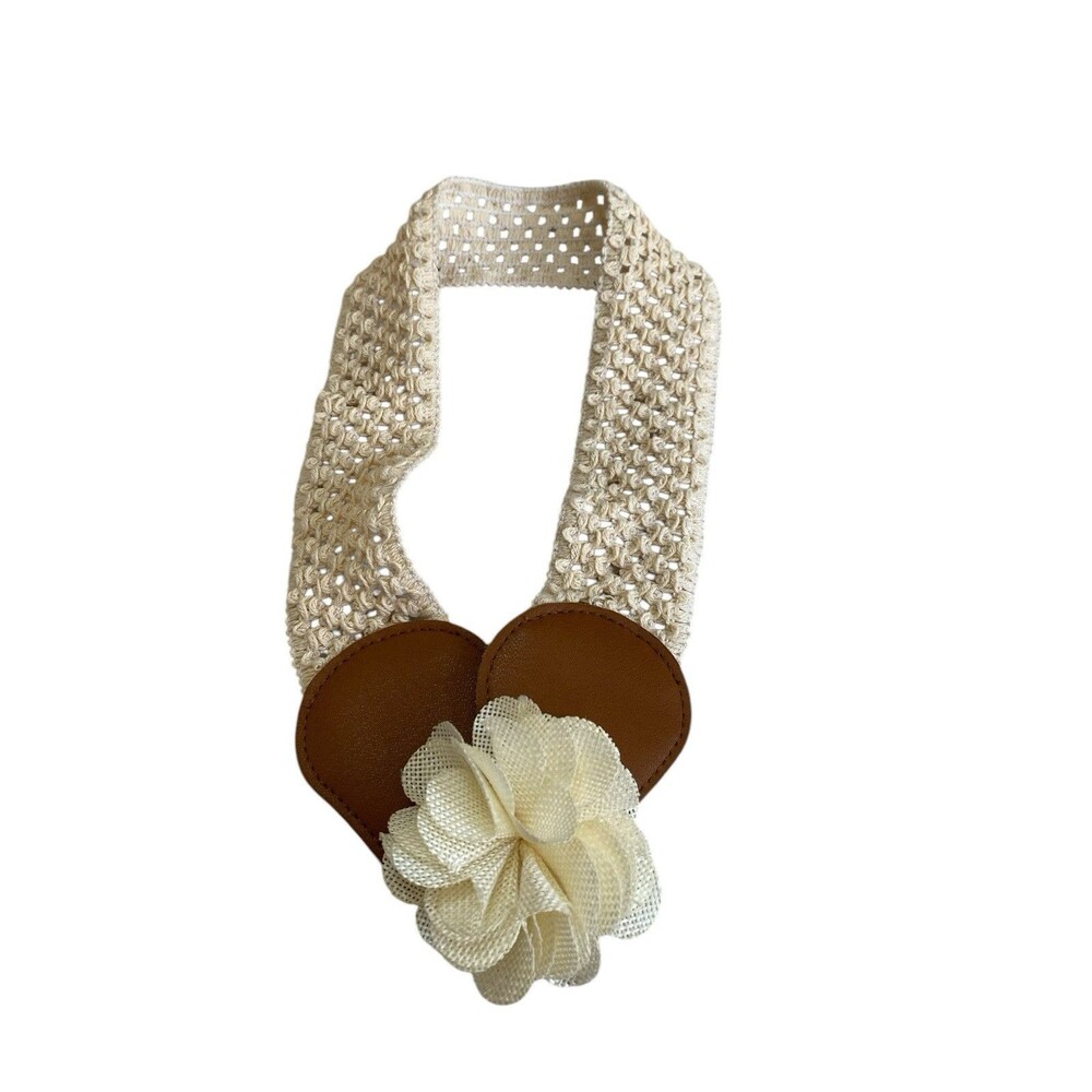 Beige Crochet Stretch Waist Belt Cream Flower Brown Trim Snap Closure Boho